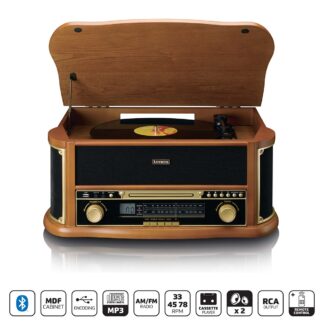 Lenco Puinen retro-levysoitin, jossa on Bluetooth® AM/FM-radio USB-koodaus CD-soitin, kasettisoitin ja sisäänrakennetut kaiuttimet.